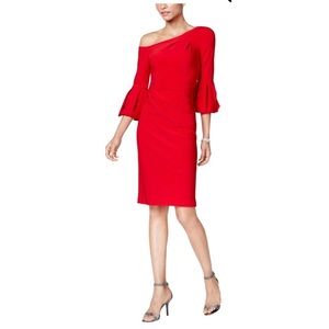 Betsy & Adam Red One-shoulder Bell-sleeve Dress